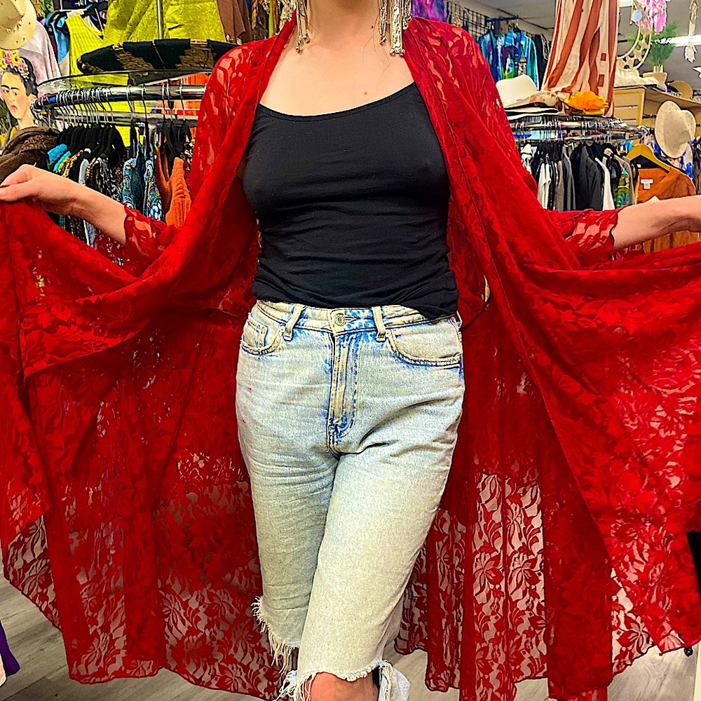 Handmade lace long, kimono/duster comes in red and white